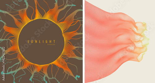 Black hole made from small particles strive out of center. Solar or starlight emission. Water splash imitation. Cover design template. 3D vector for brochure, poster, presentation, flyer or banner.
