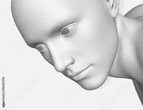Man's face looking down. Abstract digital human head. Minimalistic design for business presentations, flyers or posters. Pixel art. 3d vector illustration.