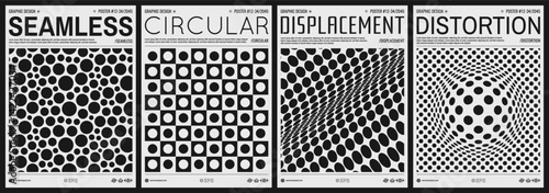 Wavy dotted background with optical illusion. Background with convex hemisphere. Volumetric composition. Many chaotic circles of different sizes in empty space. Black and white cover design template.