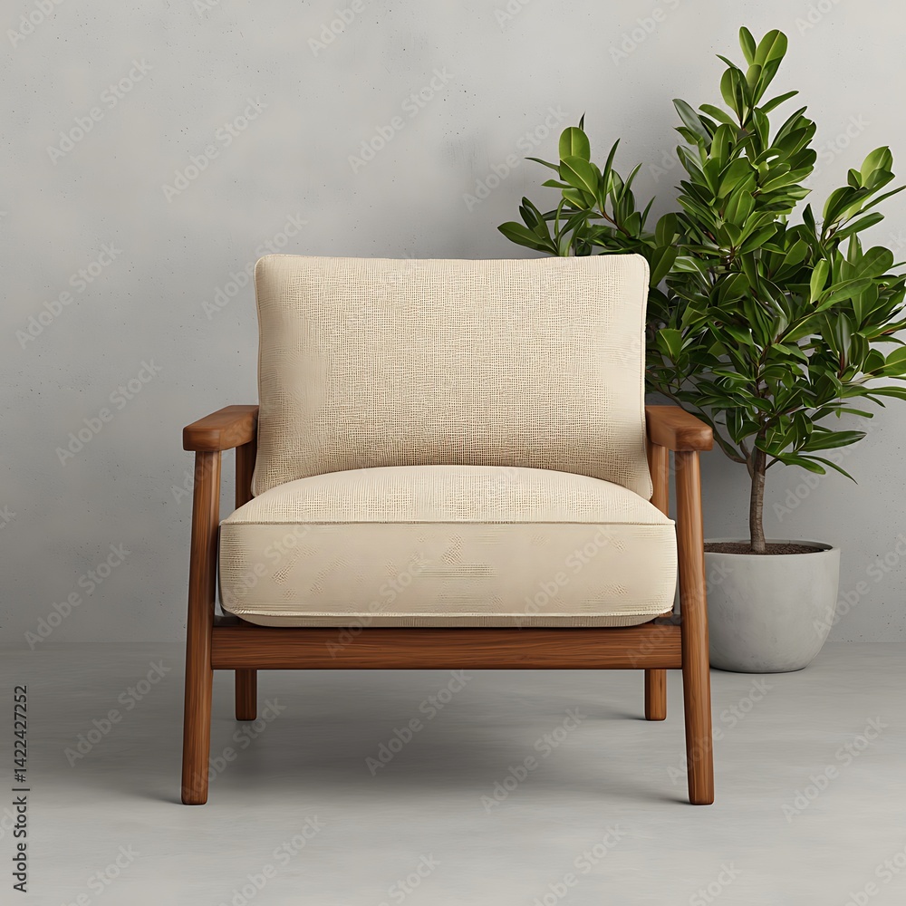 Modern Wooden Armchair with Beige Cushions and Green Plant Against a Gray Wall, Interior Design.