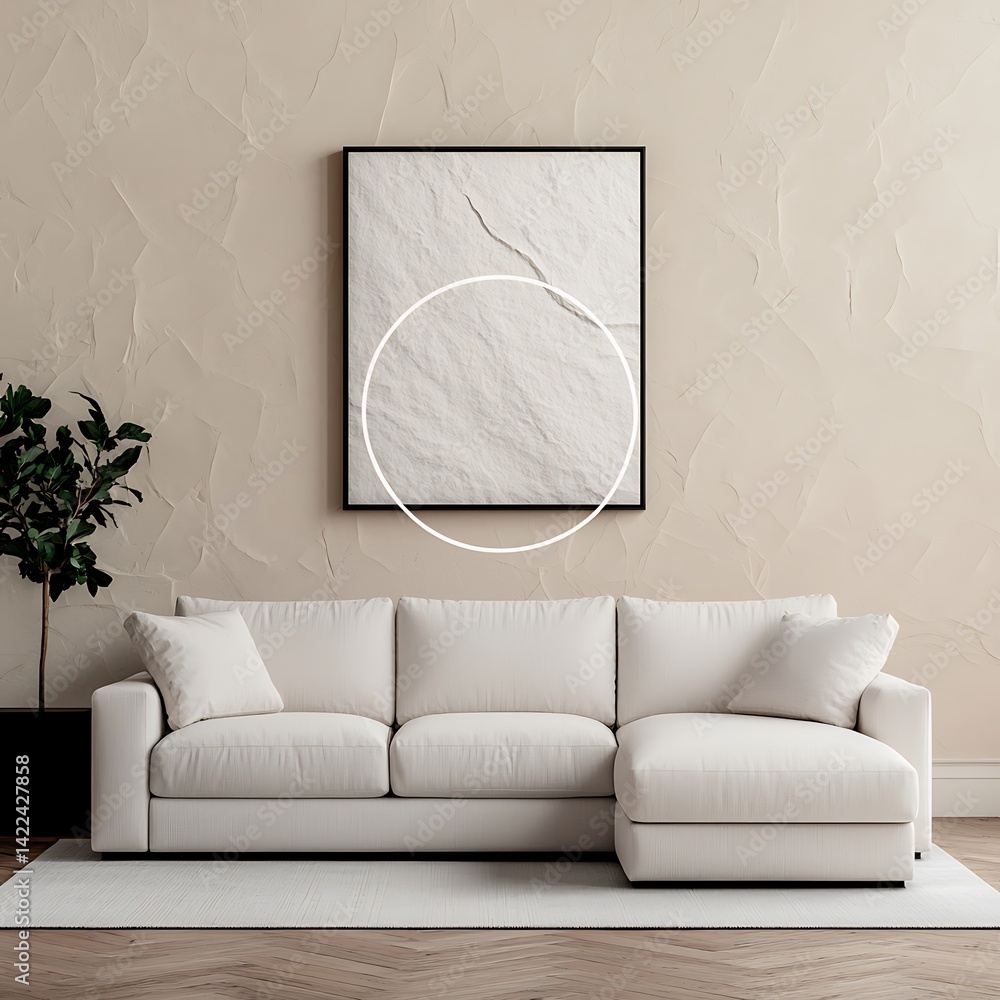 Neutral Tone Living Room with Comfortable Couch, Wall Art and Plant Decor Interior Arrangement.