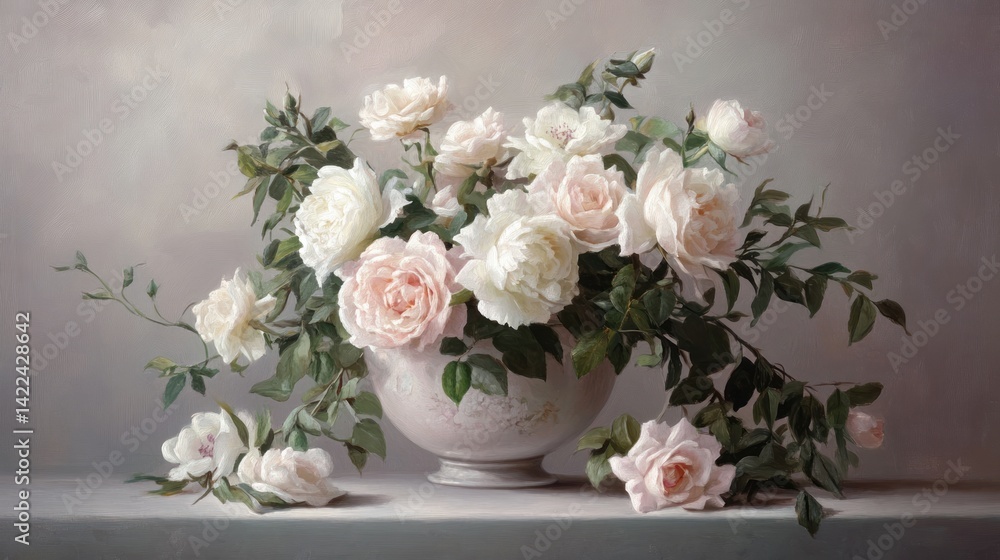 Obraz premium Delicate pastel roses in a vintage vase.