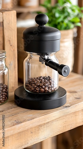 Roasted Coffee Bean Grinder: Modern Kitchen Decor Still Life with Rustic Wood Surface and Natural Lighting