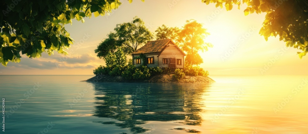 Fototapeta premium Tranquil Island Home at Sunrise.