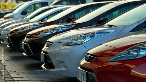 A row of cars, of different colors, are parked in an organized manner, their front ends facing forward. The image emphasizes the modern design of the cars and their sleek headlights.