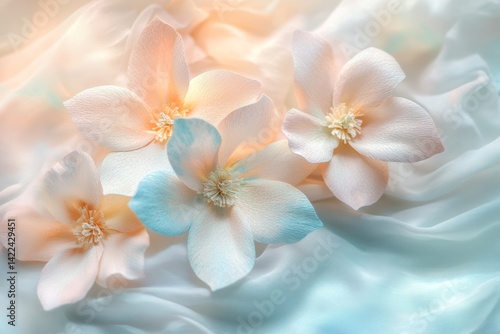 Delicate handcrafted paper flowers in watercolor pastels on soft fabric background