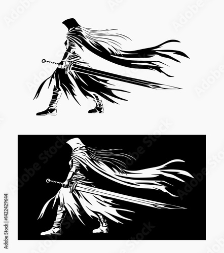 Dynamic silhouette of hooded warrior with flowing cape and sword in dramatic motion for fantasy gaming artwork
