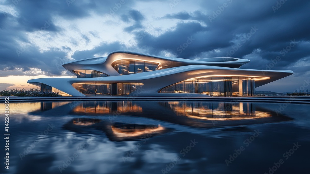 Fototapeta premium Futuristic, modern, and elegant architectural masterpiece. Dynamic, sculptural house, reflecting in a calm water pool at twilight. Stunning and surreal structure.
