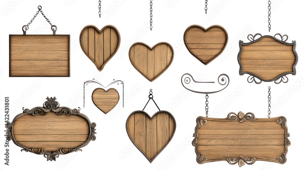 Naklejka premium Wooden hanging signs, various shapes, white background, design element