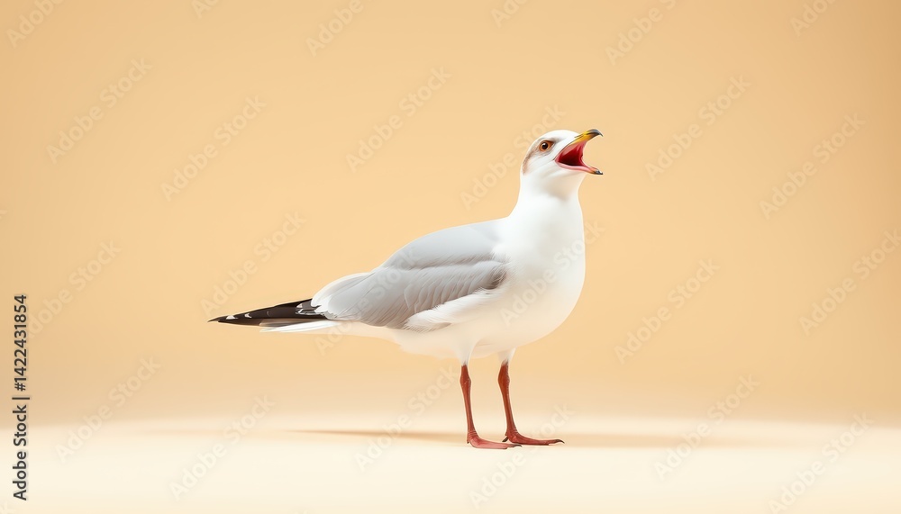 Fototapeta premium The distant cry of a seagull. cute, pastel, no shadow , isolated on a beige background, ultra realistic photography with soft studio lighting.