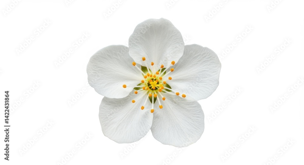 A single white flower with yellow center and orange stamen on a plain white background isolated shot A single white flower with yellow center and orange stamen on a plain white background isolated shot