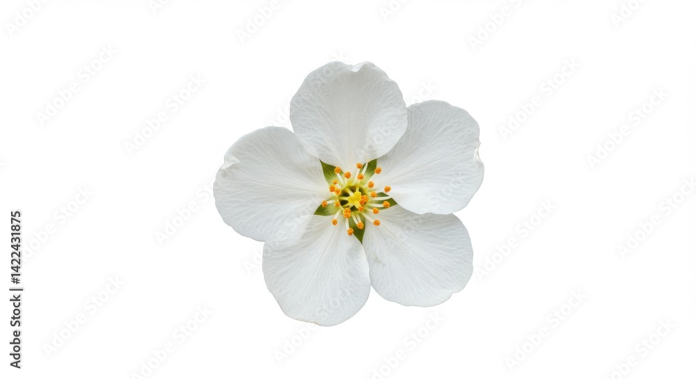 Isolated white flower with five petals and yellow center on a plain white background close up view Isolated white flower with five petals and yellow center on a plain white background close up view