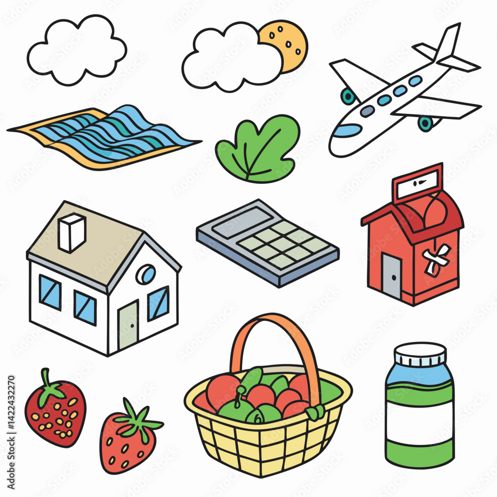 Naklejka premium Cute cartoon stickers, colorful doodle icons, travel and farm elements