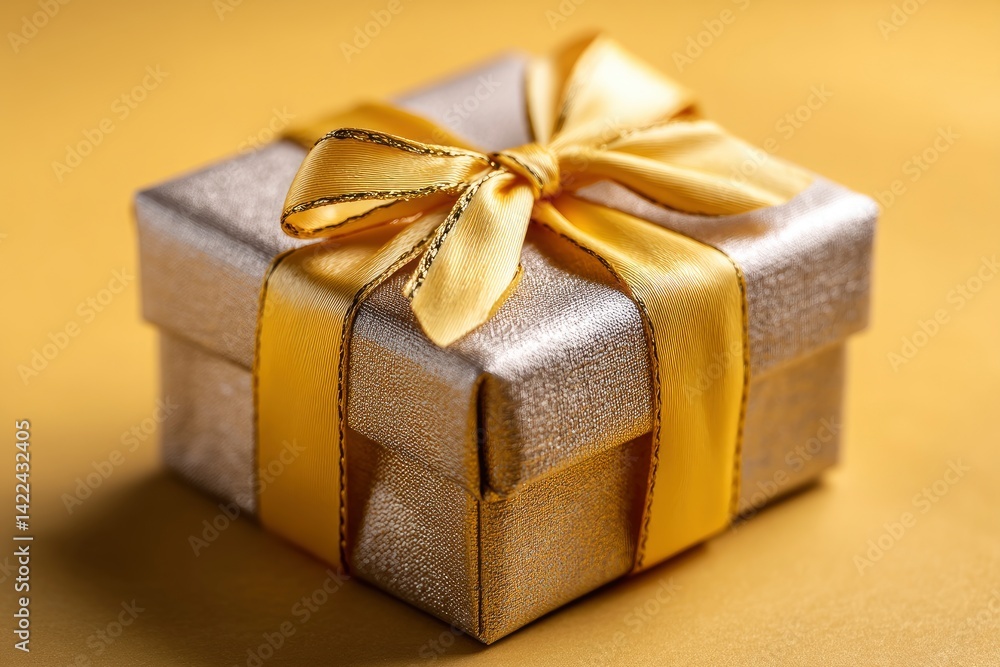 Fototapeta premium Elegant Silver Gift Box with Golden Bow: A Luxurious Festive Image
