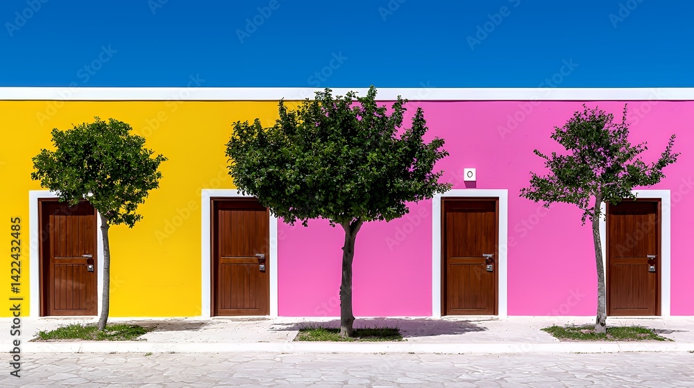 Fototapeta premium Colorful buildings with doors and trees under a clear blue sky