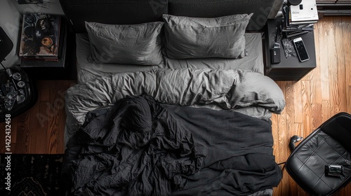 Moody Bedroom Interior Design: Dark and Grey Bedding on Wooden Floor