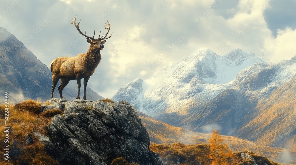 Fototapeta premium Majestic stag standing on a rocky outcropping with mountain scenery
