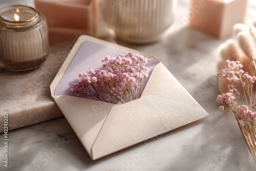 Elegant Cream Envelope with Delicate Pink Flowers: A Soft, Romantic Still Life