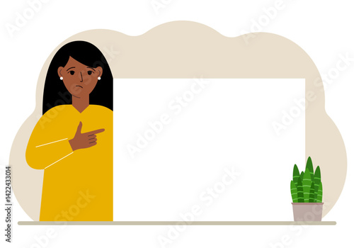 A woman points his finger at a clean large banner, a blank poster or a large white sheet of paper with space for text.