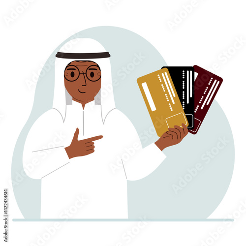 A man shows plastic cards. The concept of choosing a bank, terms of deposits and loans.