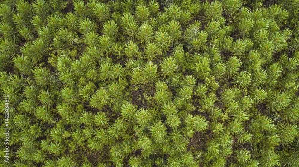 Dense young pine trees planted in a uniform grid pattern. Dense young pine trees planted in a uniform grid pattern.