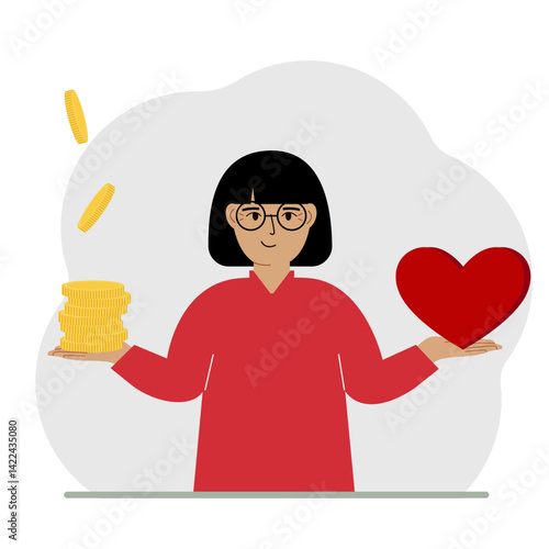 Money and a red heart in the hands of a woman. Imbalance in lifestyle and work. Comparison of business stress and a healthy lifestyle. Balance of work and life.