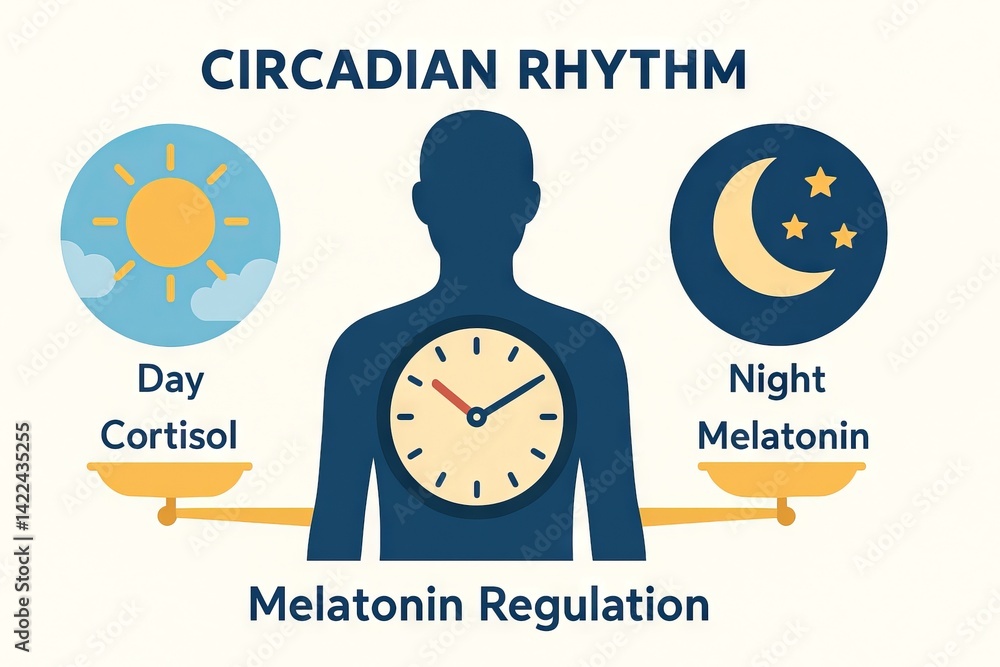 Circadian rhythm regulation with cortisol and melatonin cycle illustrated by day and night balance in human body. Isolated on white background. graphic of biological processes. Concept of sleep cycle