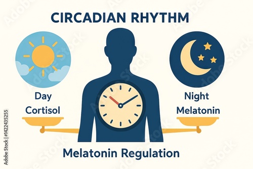 Obraz na płótnie Circadian rhythm regulation with cortisol and melatonin cycle illustrated by day and night balance in human body. Isolated on white background. graphic of biological processes. Concept of sleep cycle w salonie
