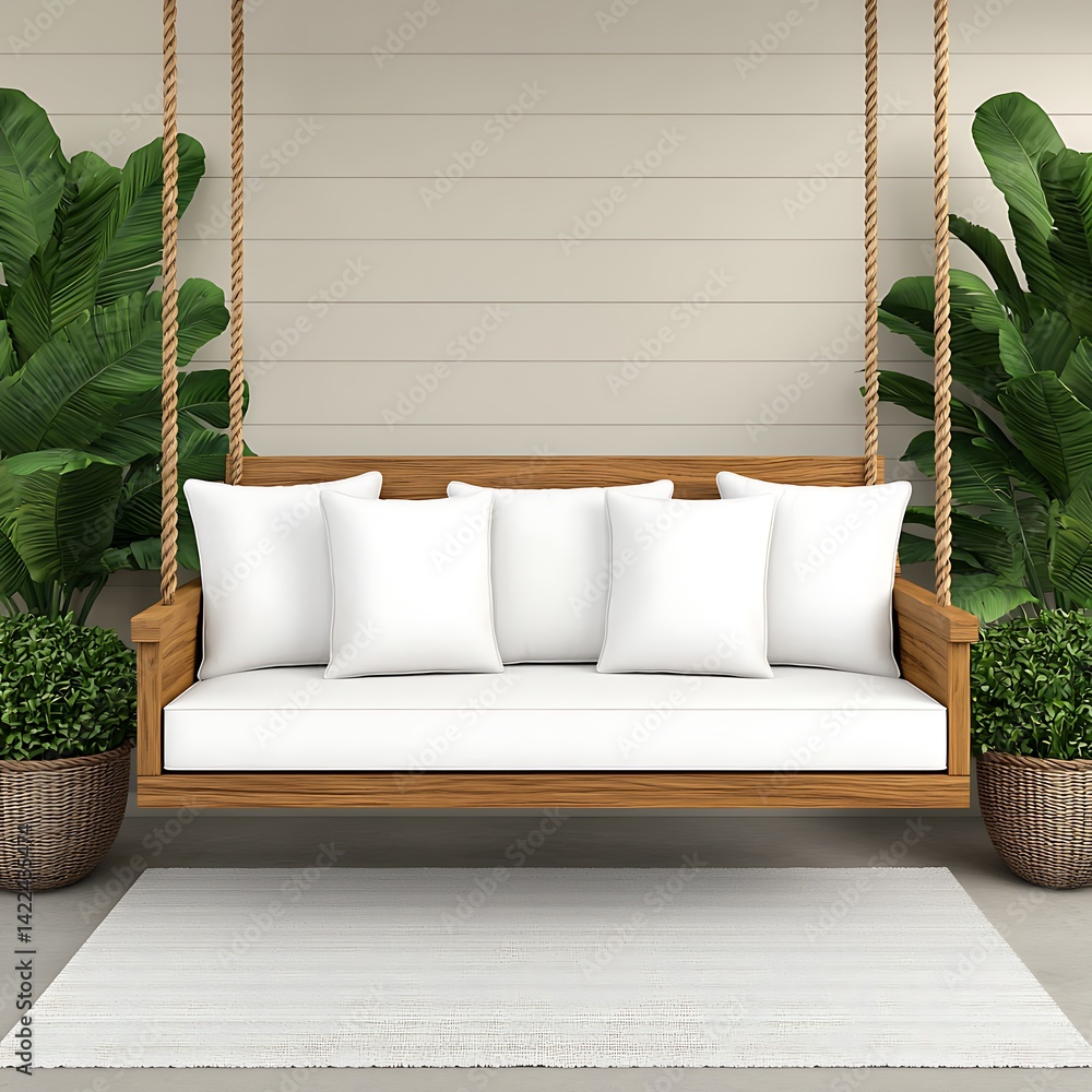 Serene outdoor retreat featuring a wooden porch swing with comfortable cushions and lush greenery for relaxation and peaceful moments.
