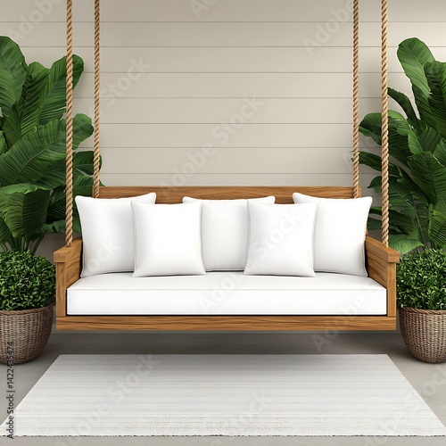 Obraz na płótnie Serene outdoor retreat featuring a wooden porch swing with comfortable cushions and lush greenery for relaxation and peaceful moments. w salonie