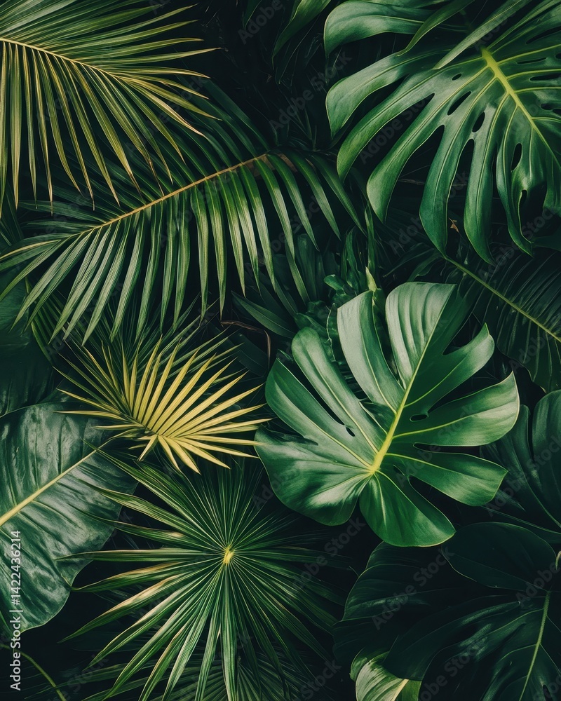 Lush tropical foliage display of various vibrant green leaves. Lush tropical foliage display of various vibrant green leaves.