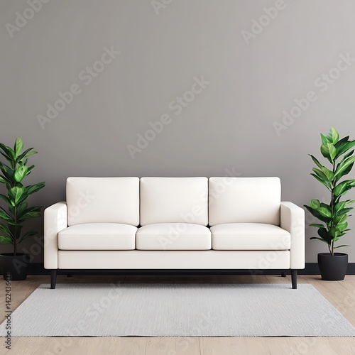 Simple Interior Arrangement Featuring a Sofa, Plants, and a Rug for a Clean Minimalistic Design.