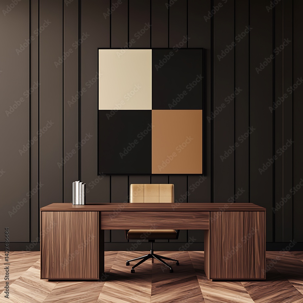 Sophisticated Workspace Design: Modern Desk, Stylish Chair, Geometric Artwork, and Dark Wall Paneling Interior for Creative Work.