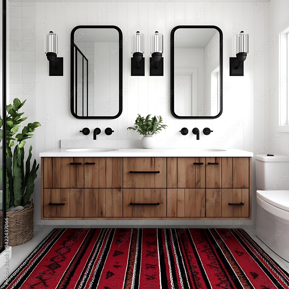 Stylish Bathroom Design: Double Vanity with Wood Cabinetry, Modern Fixtures, Green Plant Accents, and Red Geometric Pattern Rug.