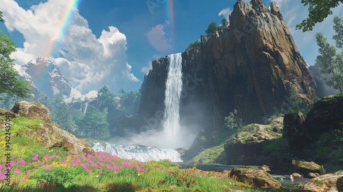 A scenic waterfall cascades down a large rocky mountain landscape