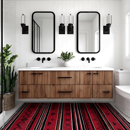 Obraz na płótnie Stylish Bathroom Design: Double Vanity with Wood Cabinetry, Modern Fixtures, Green Plant Accents, and Red Geometric Pattern Rug. w salonie