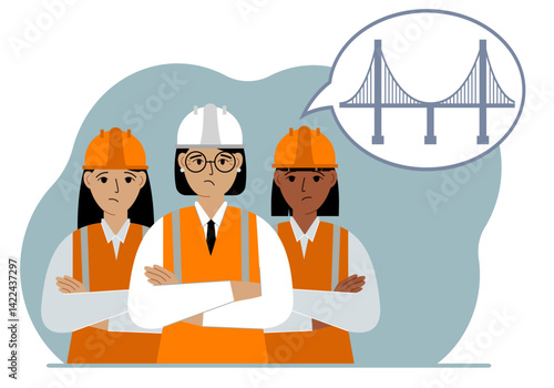 A construction team and an engineer make plans in their minds to design a bridge in an air bubble. The concept of civil engineering and construction.