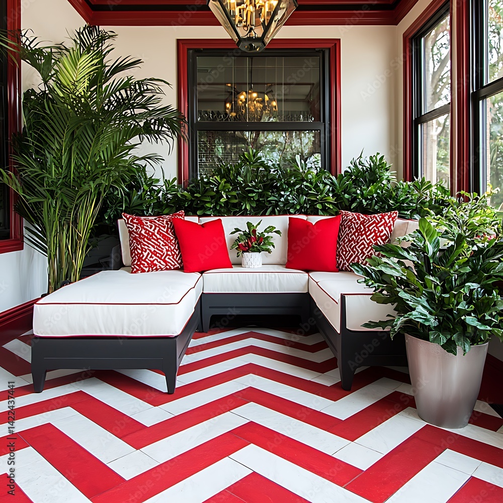Stylish Indoor Space with Red Accents, Modern Furniture, and Lush Green Plants creating a Serene Atmosphere.