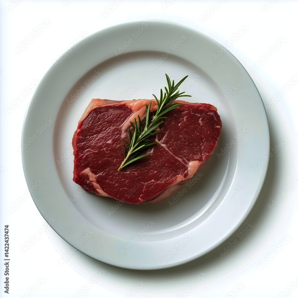 Fresh Raw Steak on a White Plate Garnished With Sprig of Rosemary Fresh Raw Steak on a White Plate Garnished With Sprig of Rosemary
