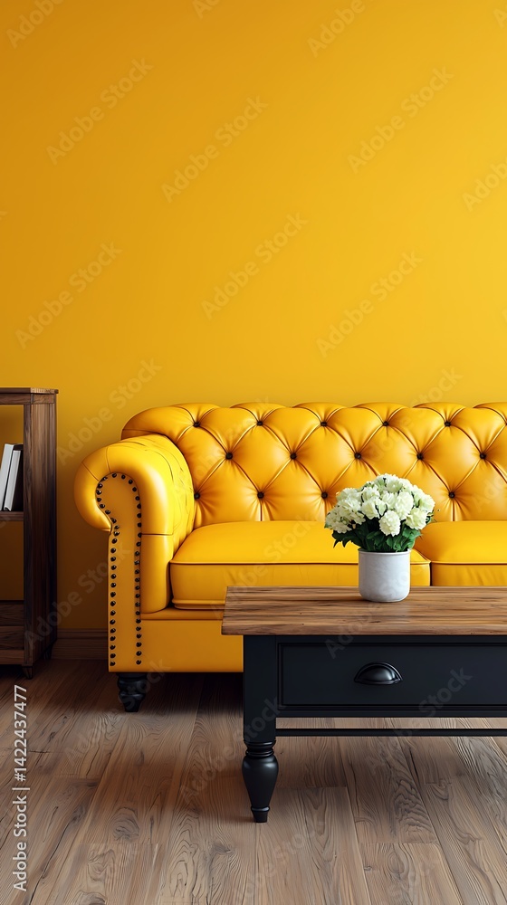 Stylish Interior Featuring Yellow Chesterfield Sofa, Wood Coffee Table, Flowers, and Minimalist Decor against a Warm Background.