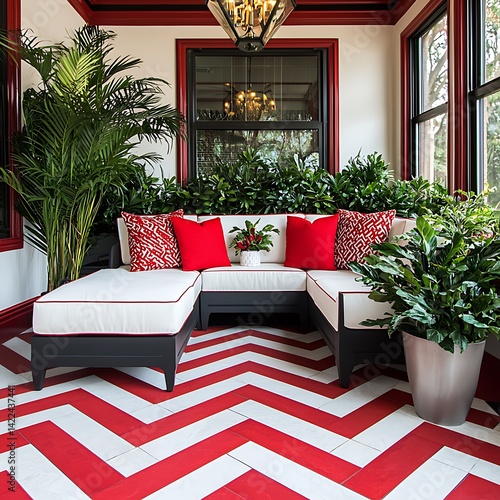 Obraz na płótnie Stylish Indoor Space with Red Accents, Modern Furniture, and Lush Green Plants creating a Serene Atmosphere. w salonie