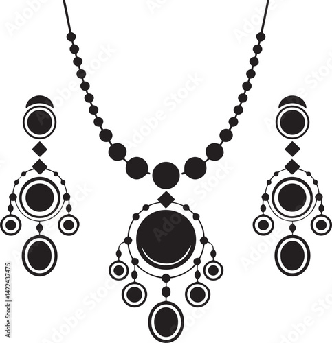 Black and White Silhouette of a Necklace and Earrings Jewelry Set