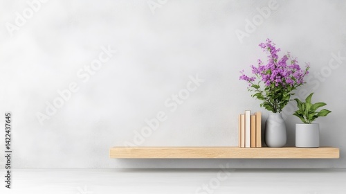 Minimalist wooden shelf with purple flowers