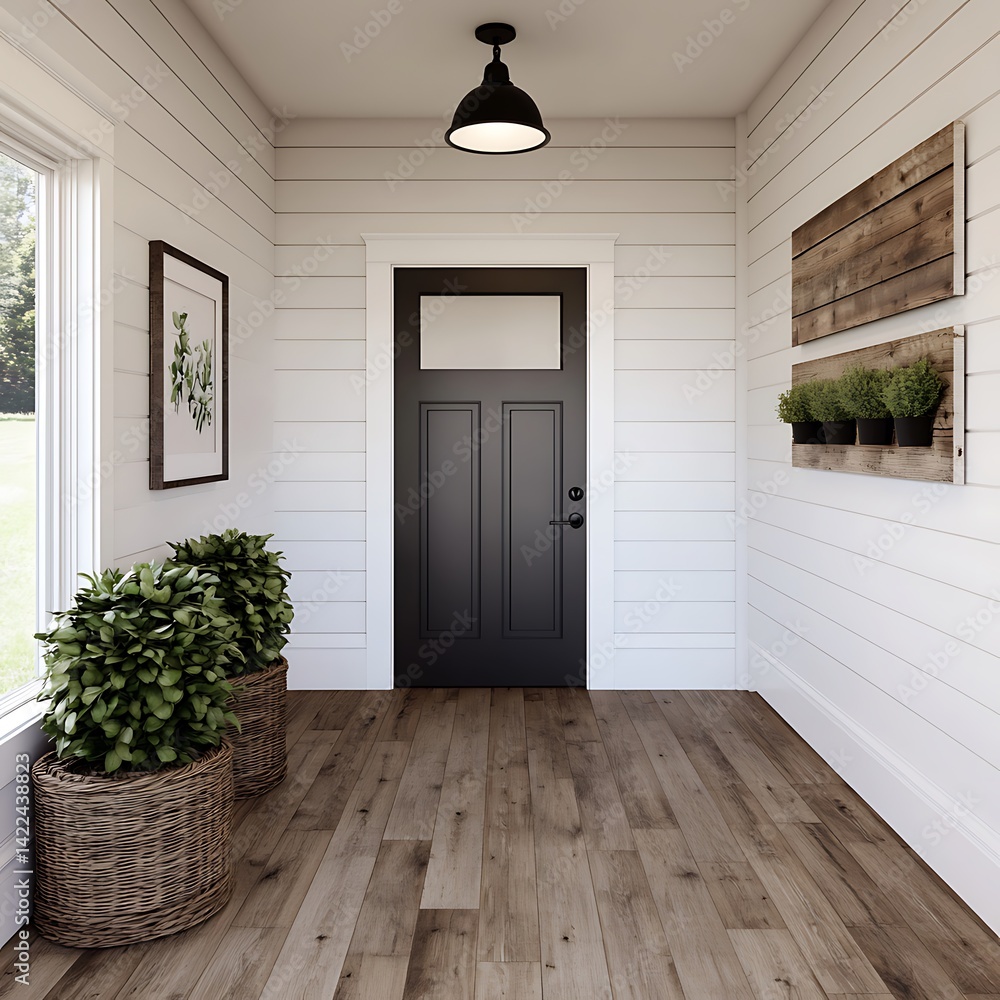 Welcoming Foyer Design: Elegant Black Door, White Paneled Walls, Rustic Wood Accents, and Lush Greenery Plants Decoration Idea.