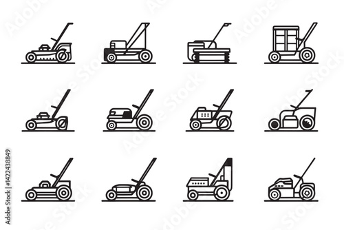 Lawn Mower Line Art Icon Set