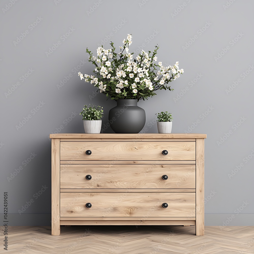 Wooden Drawer Cabinet with White Flowers and Green Plants for Home Interior Styling Inspiration.