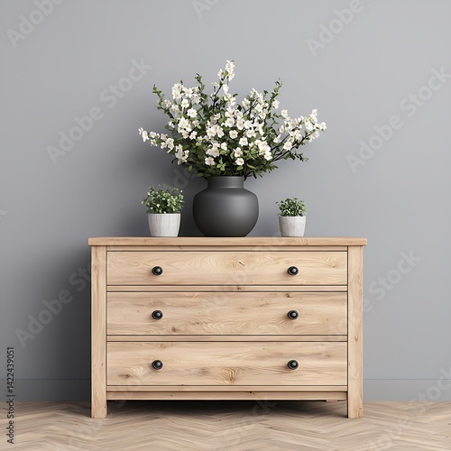 Obraz na płótnie Wooden Drawer Cabinet with White Flowers and Green Plants for Home Interior Styling Inspiration. w salonie