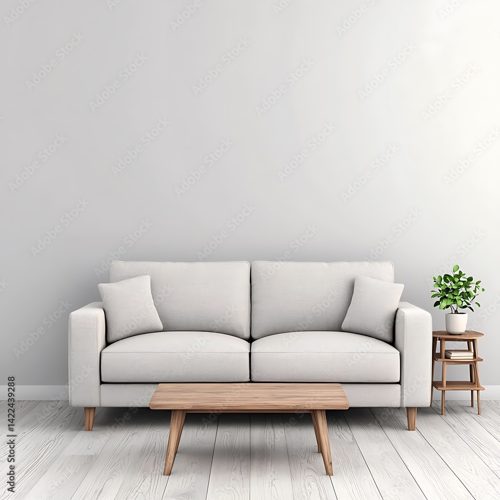 Modern Living Room Interior with Sofa, Coffee Table, Wooden Side Table, and Plant Against a Minimalist Wall.