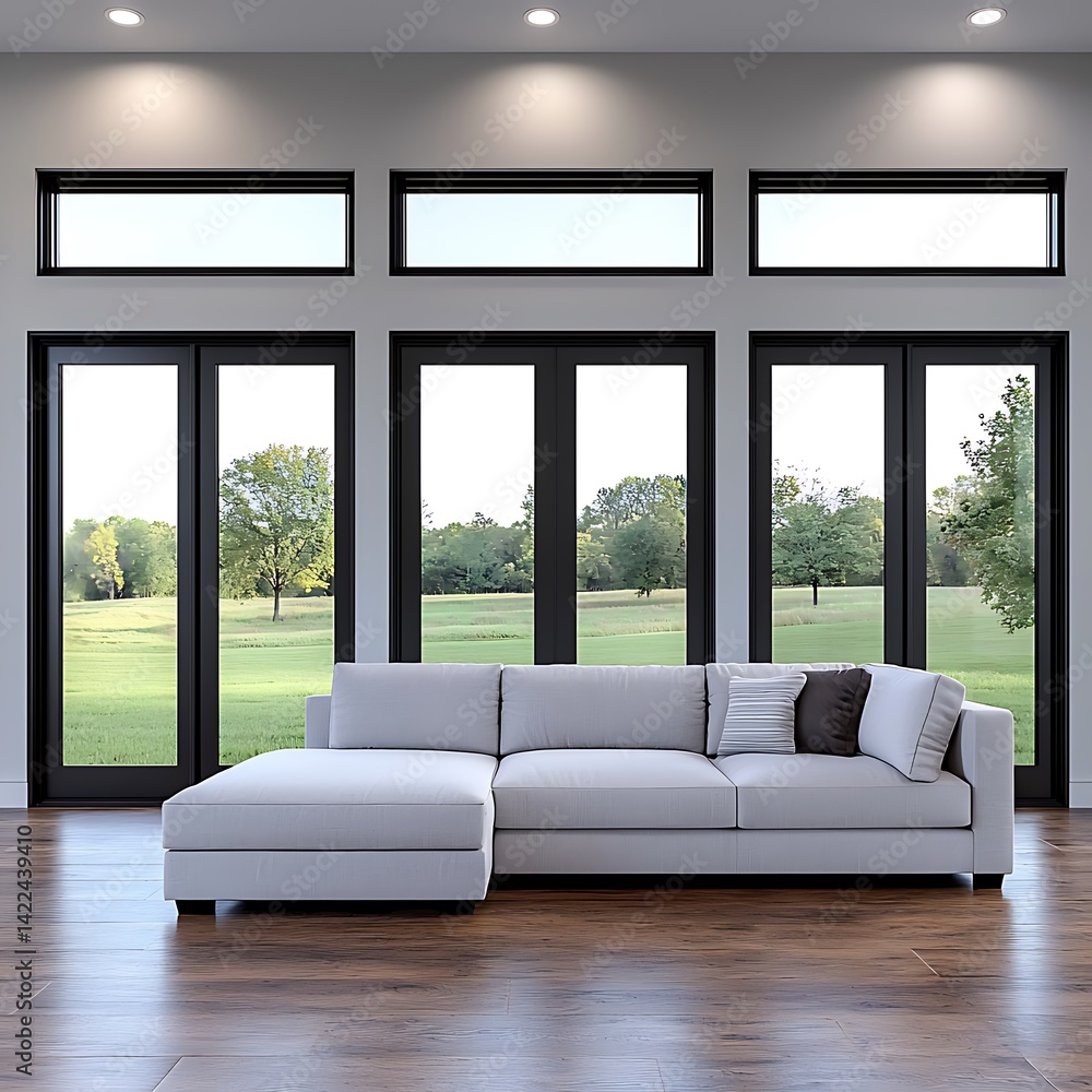 Modern Living Room Interior with Comfortable Sofa, Large Windows, and Scenic Outdoor View, Inviting Natural Light