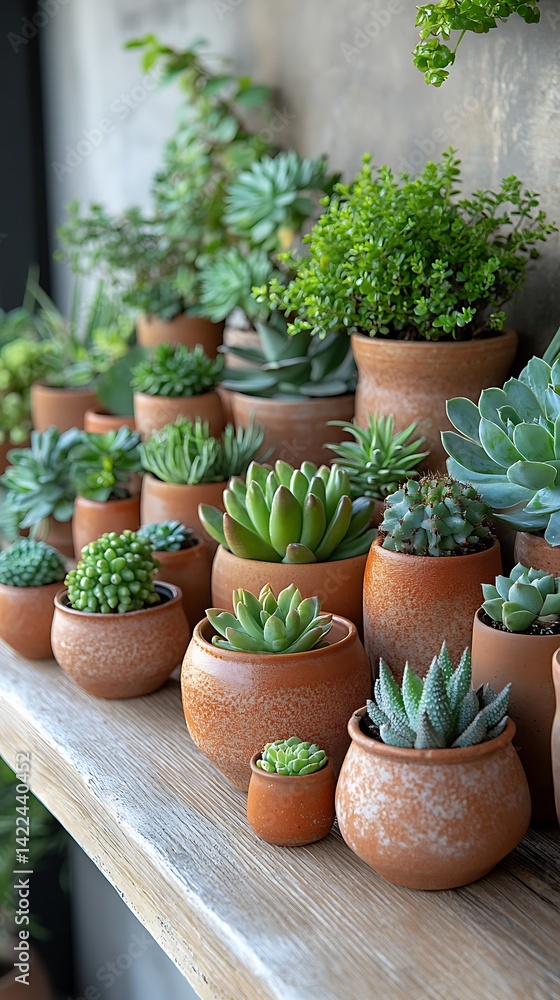 Assorted potted succulents display, showcasing a variety of small plants and natural earthy tones, creating a serene indoor gardening arrangement.